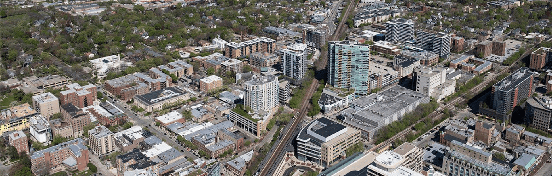 Aerial view of the City of Evanston's downtown